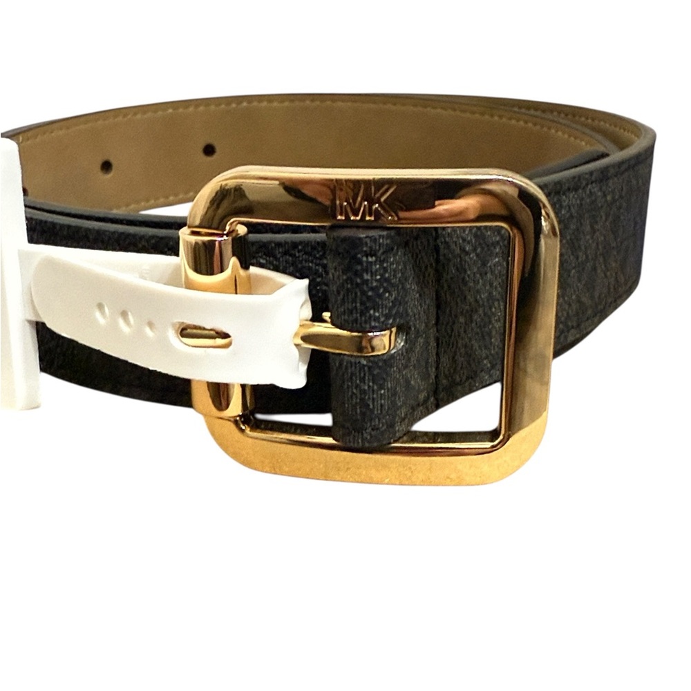 Michael Kors Women’s Belt Size Medium Black Gold Tone Buckle Faux Leather MK - Picture 2 of 7